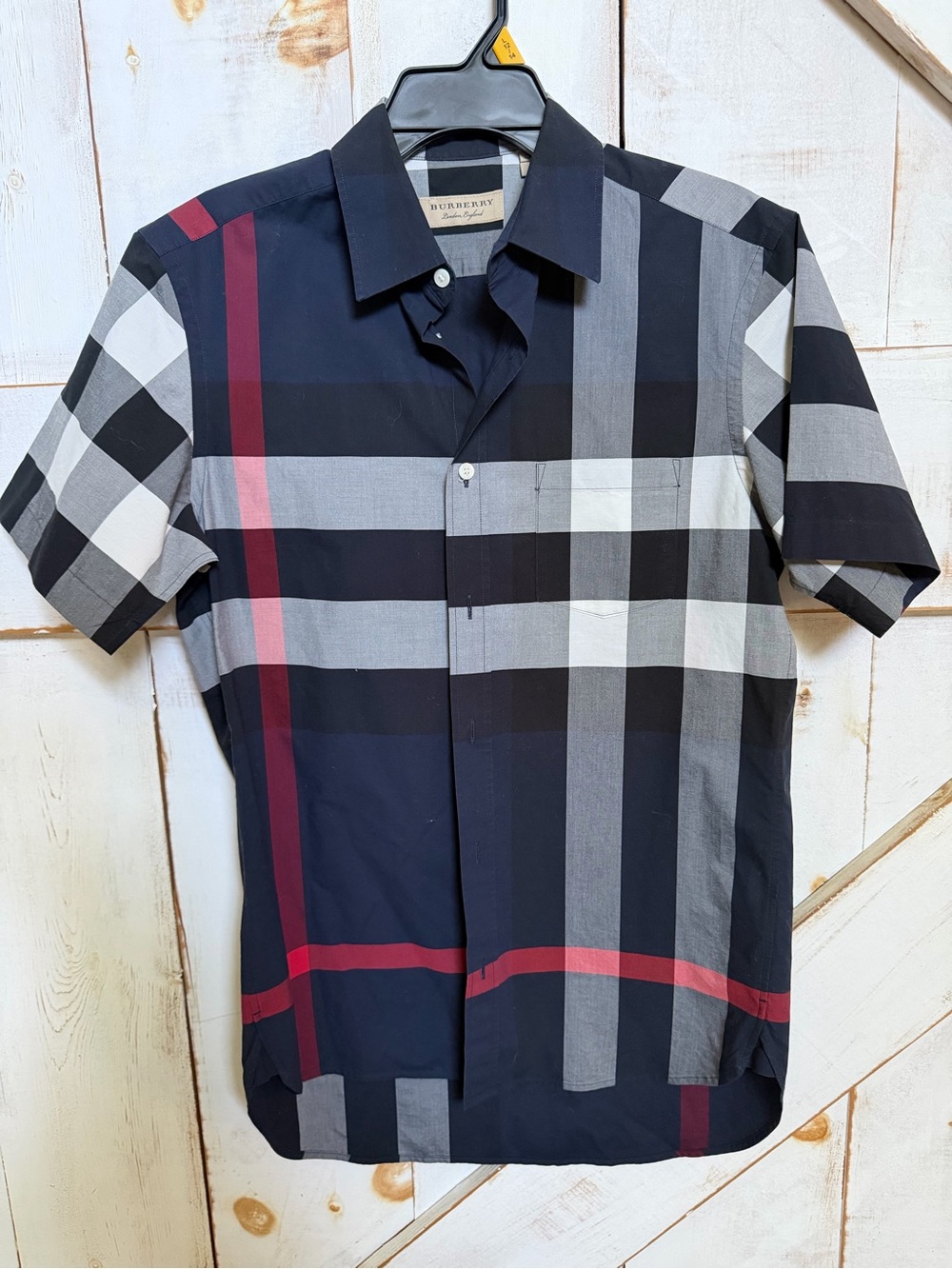 Burberry Black Plaid Short-Sleeve Button-Down Shirt with Red Accents